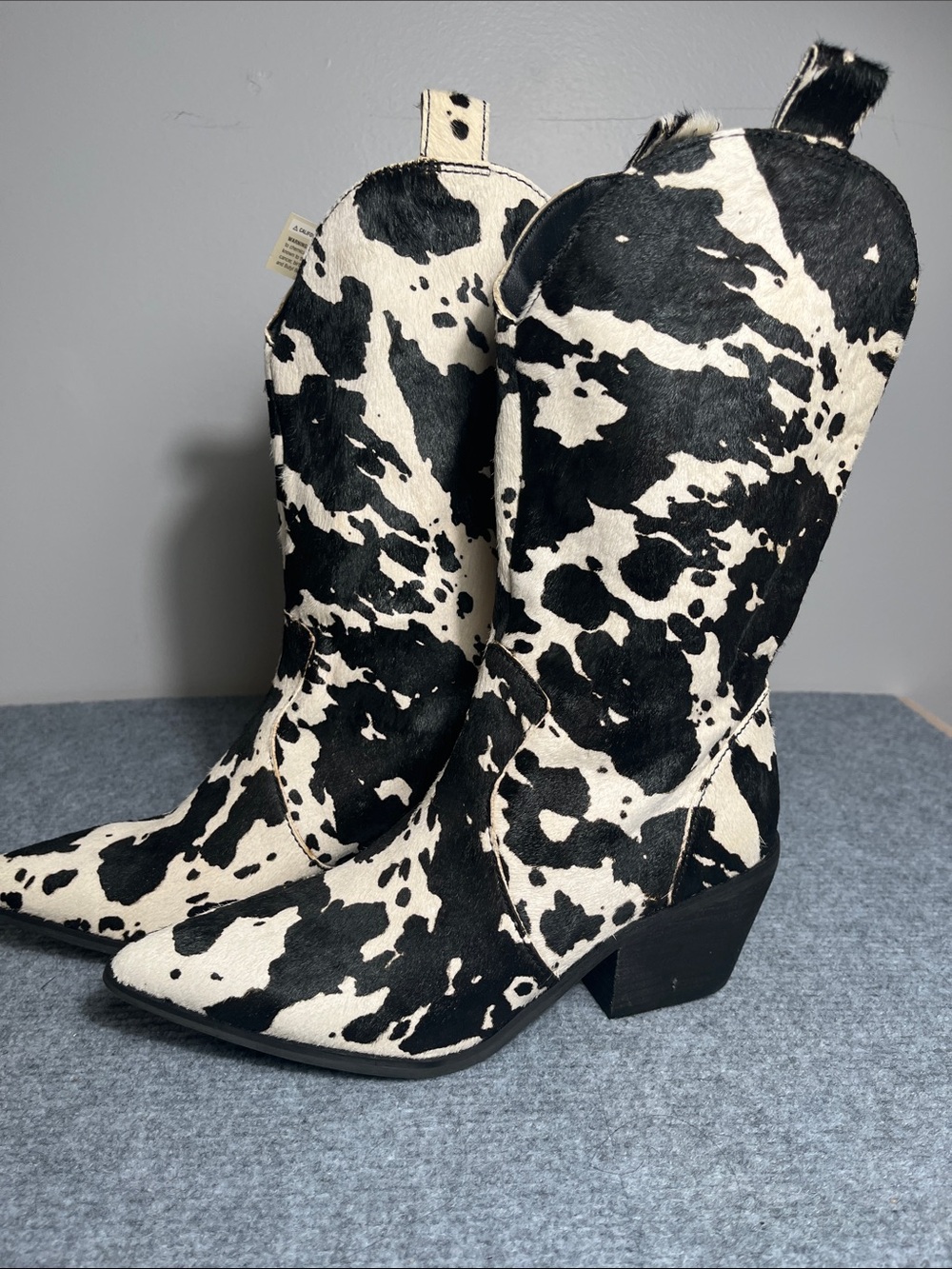dingo Black & White Cow Print Western Heeled Boots